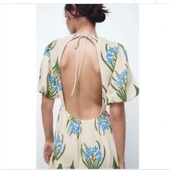 Zara Ecru Floral Linen Cotton Midi Dress Open Back Size Small - Picture 6 of 13